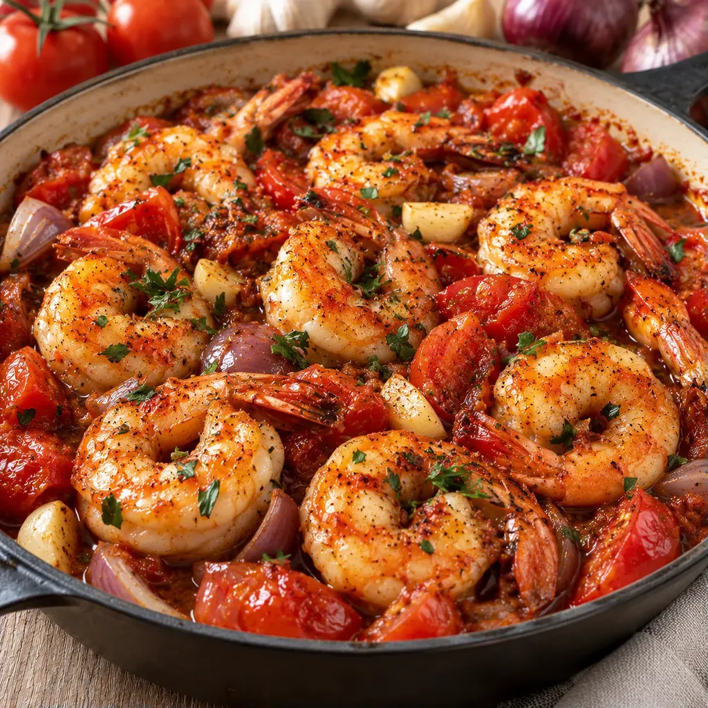 Ail herbes gambas tomates