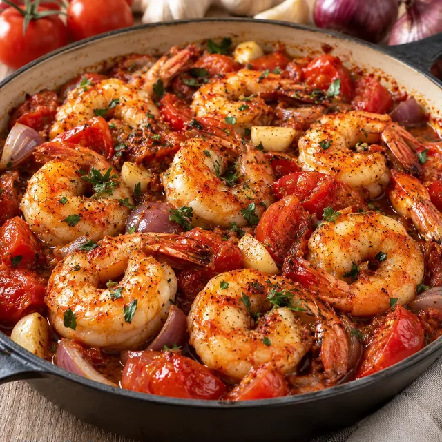 Ail herbes gambas tomates