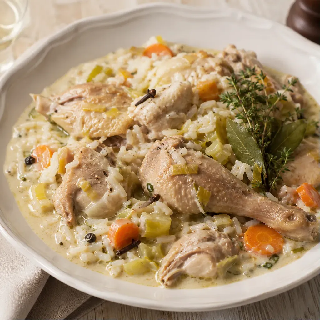 Poule sauce crémeuse riz