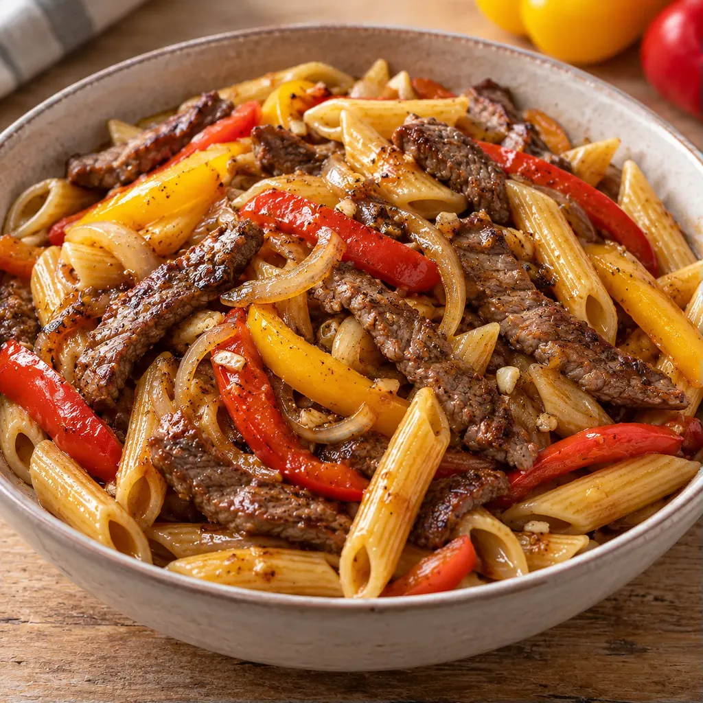 Steak pâtes poivrons
