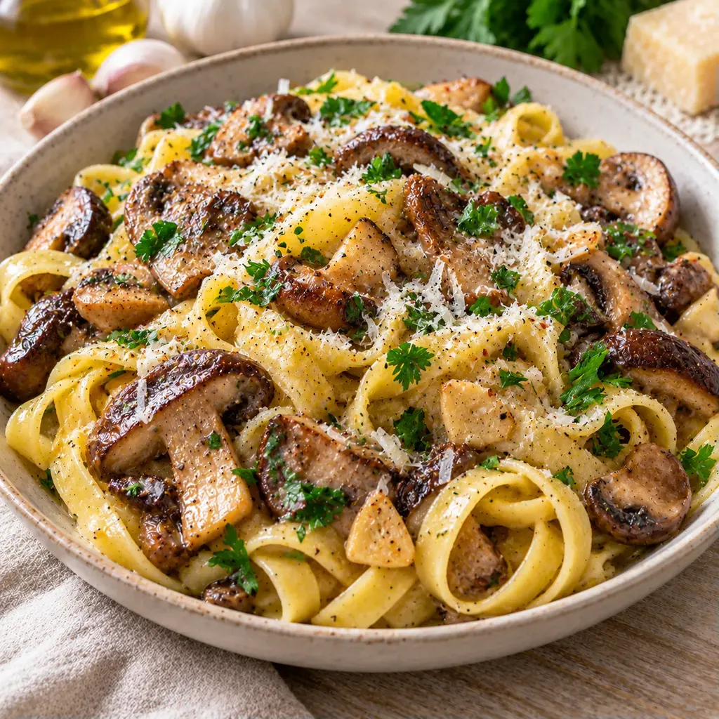 Pâtes champignons ail fromage
