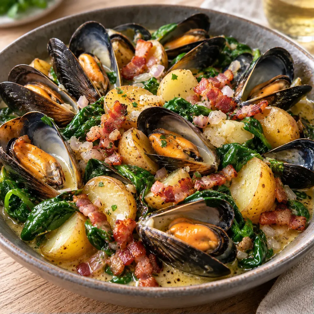 Moules bacon épinards