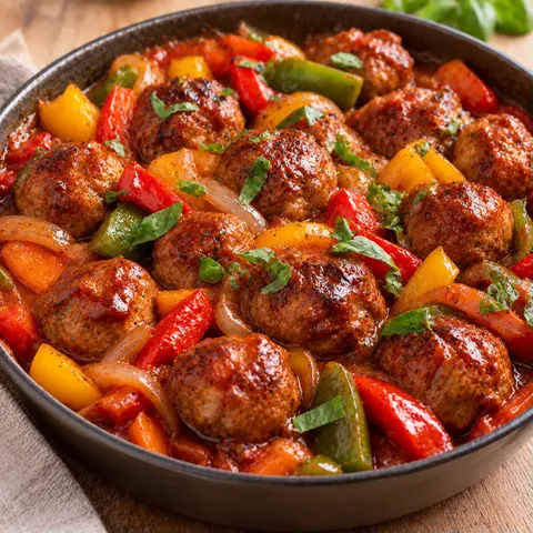 Boulettes porc barbecue poivrons