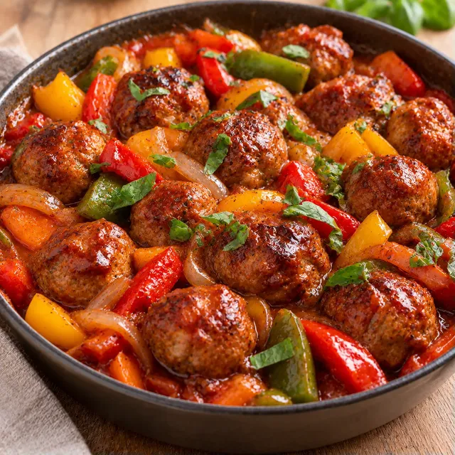 Boulettes porc barbecue poivrons