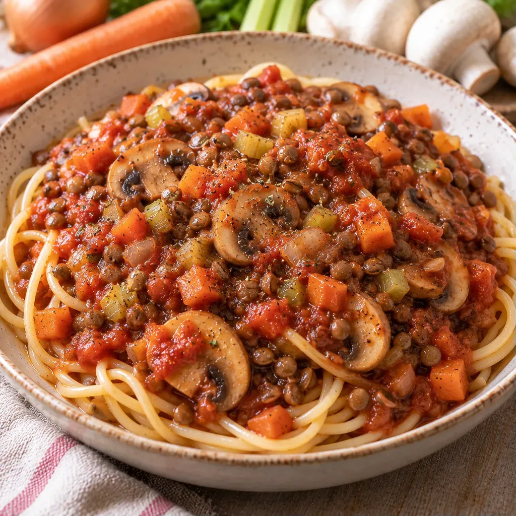 Lentilles champignons spaghetti