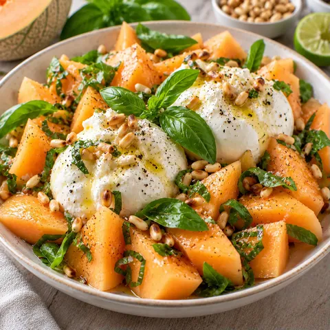 Burrata melon basilic
