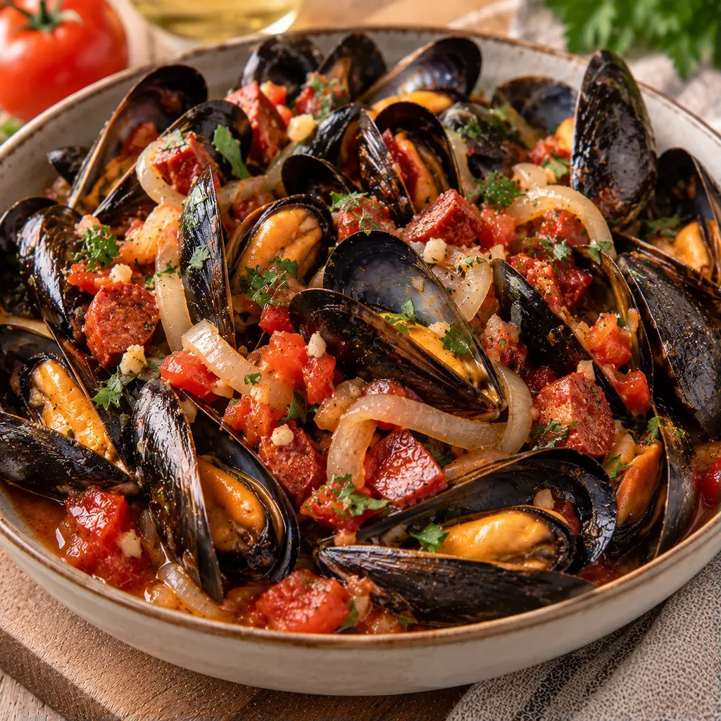 Moules chorizo vin blanc
