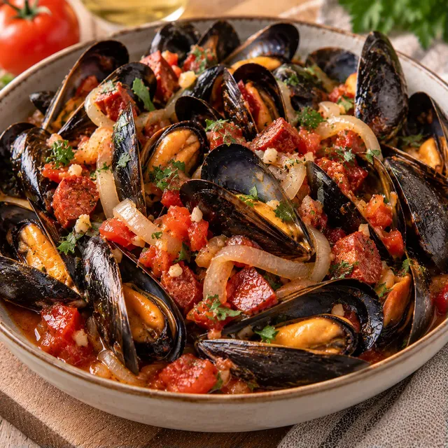 Moules chorizo vin blanc