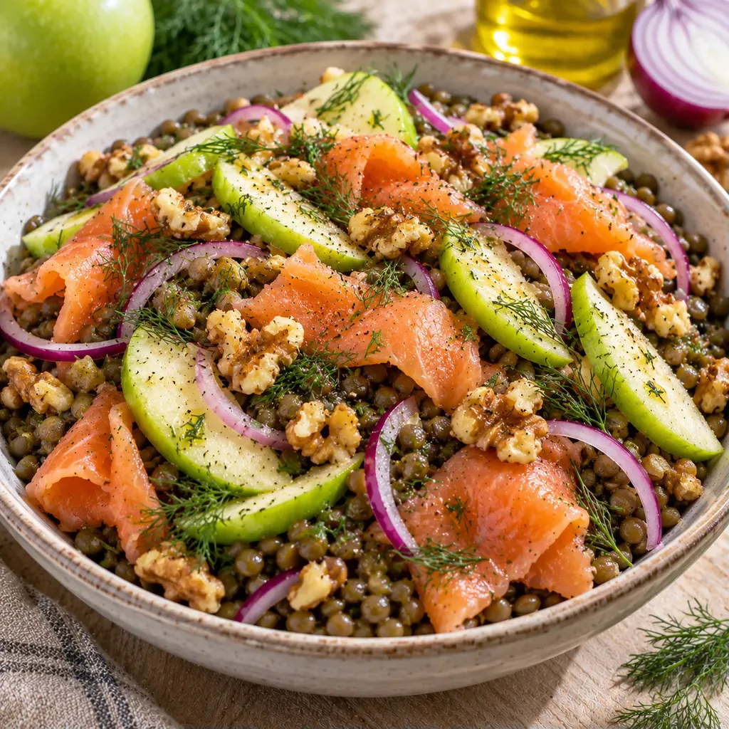 Lentilles saumon pomme noix