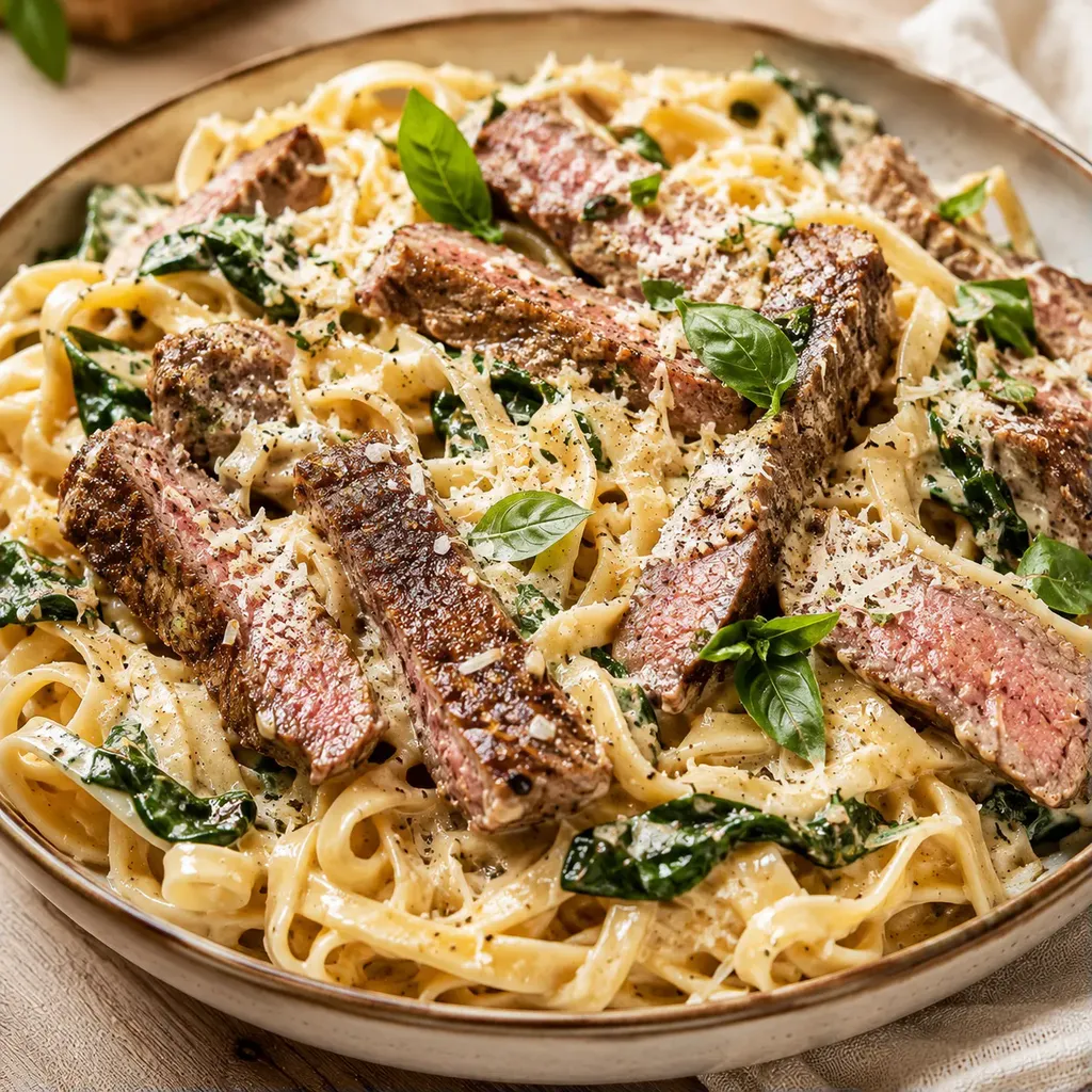 Pâtes et steak crémeux