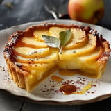 Une tarte français avec pommes caramélisées dorées, posée sur une table rustique.