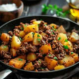 Une poêlée gourmande de pommes de terre et viande de bœuf hachée, décorée de persil, servie dans un plat.