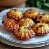 Petites madeleines dorées et garnies de fromage fondant et de morceaux croustillants de bacon, présentées dans une assiette.