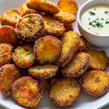 Une assiette de champignons dorés et croquants avec une petite sauce en accompagnement.