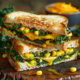 Un sandwich au fromage grillé avec du kale servi sur une planche.