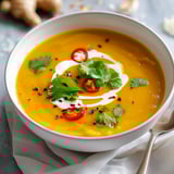 Un bol blanc rempli d'une soupe de courge parfumée avec des herbes fraîches et des épices.
