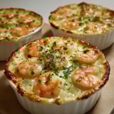 Crevettes et poireaux en sauce crémeuse gratinée au four.