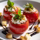 Tomates stracciatella servies avec herbes et crostini frais.