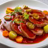 Langue de boeuf mijotée avec une sauce épicée à l’ancienne, servie avec des légumes traditionnels et des herbes.