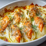 Un gratin d’endives avec saumon fumé, crème au citron et fromage fondu, dans un plat blanc.