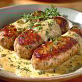 Une assiette avec des andouillettes nappées de sauce à la moutarde à l'ancienne.