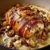 Dinde forestière en cocotte mijotée aux champignons aromatiques et herbes.