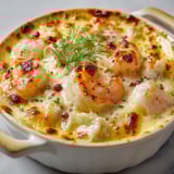 Un plat gratiné de fruits de mer avec moules, langoustines et herbes, servi dans une cassolette.