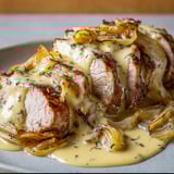 Filet mignon avec sauce reblochon et oignons fondants.