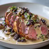 Un filet de boeuf nappé d'une sauce trompettes est magnifiquement présenté sur un plat.