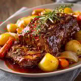 Une cocotte de bœuf mijoté au vin rouge avec des carottes et pommes de terre fondantes.