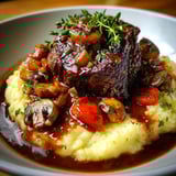 Un délicieux plat de bœuf mijoté, champignons tendres et purée maison, le tout joliment dressé.