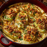 Une poêle pleine de poireaux moelleux et gratinés.