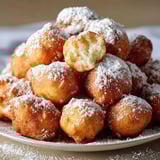 Une assiette empilée de délicieux beignets suisses tout chauds, avec un enrobage sucré et doré.