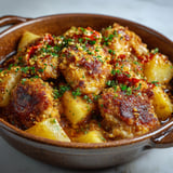 Un plat de volaille pimentée de Cyril Lignac, servi dans une assiette.