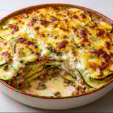 Un délicieux gratin de courgettes bien gratiné avec des tranches visibles et une sauce onctueuse.