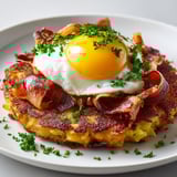 Bacon et œuf au centre d’une galette aux pommes de terre et granny.