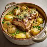 Un plat mijoté de porc avec pommes acidulées et petits pois frais.