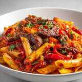 Plat de pâtes avec steak juteux et poivrons sautés sur une table blanche.