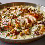 Plat fumant de poulet servi avec girolles et chanterelles dans un récipient en métal.