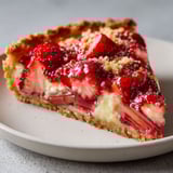 Une tarte pleine de fraises, rhubarbe et amandes sur un service simple.