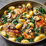 Un mélange délicieux de poulet, gnocchis, kale et sauce champignons servi dans un joli plat.