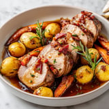 Un filet de porc caramélisé avec bacon croquant et légumes fondants rôtis au four, servi harmonieusement sur une assiette.