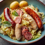 Plat de chou vert et saucisses avec citron, servi sur table.