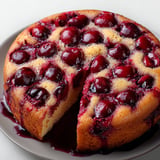 Tranche de gâteau tendre aux cerises et sirop parfumé à la verveine sur une assiette.