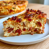 Une coupe de flan moelleux garni de tomates et thon sur une assiette blanche.