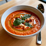 Dans un bol, un velouté gourmand de tomates rôties avec de l'ail confit et des herbes fraîches.