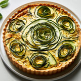 Une tarte garnie de courgettes et de basilic, présentée sur un plateau.