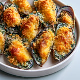 Moules gratinées au fromage doré au four.