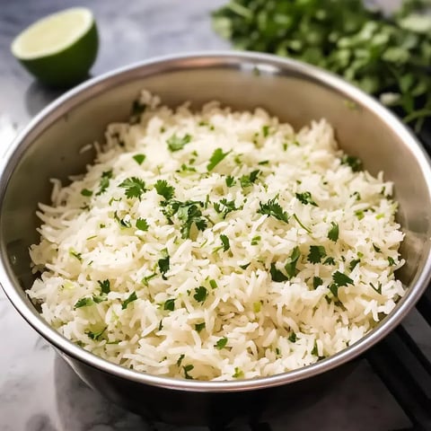 Un bol de riz blanc moelleux, décoré de coriandre fraîche, avec un demi-citron vert et quelques feuilles de coriandre.