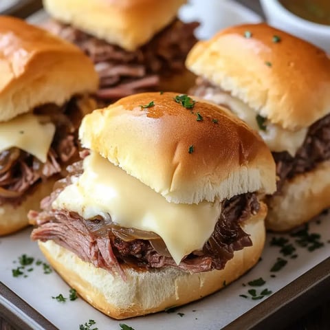 Une photo en gros plan de sandwichs au bœuf tendre effiloché, avec du fromage fondu, servis sur des petits pains moelleux.